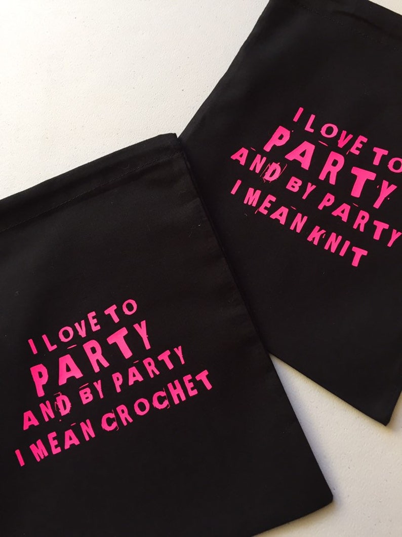Black Pink Crocheter Gift WIP Project Bag I Love to Party and by Party I Mean Crochet Mothers Day Cotton Drawstring Tote Bag