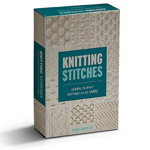 May include: A teal blue box with the title "Knitting Stitches: Learn to Knit Texture in 52 Cards" and a collage of different knitting stitch patterns on the front.