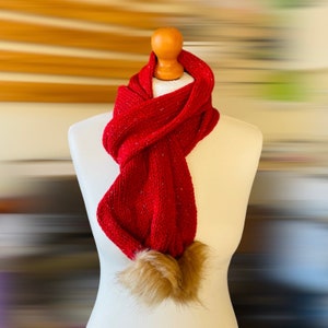 Handmade, Knit, Knitted Tube Scarf, Double Layer Scarf with Detachable Removable Pom Poms, Women&#39;s, Ladies Scarf, Gift, Red Scarf