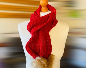 Handmade, Knit, Knitted Tube Scarf, Double Layer Scarf with Detachable Removable Pom Poms, Women's, Ladies Scarf, Gift, Red Scarf