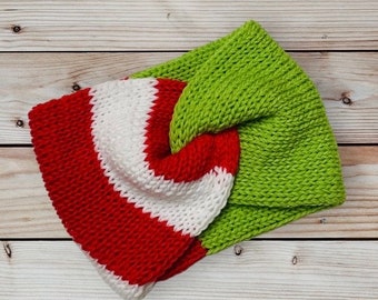 Handmade Knit, Christmas Themed Knitted Twist Headband, Earwarmers, Ladies, Women, Knitwear, Gift, Winter Messie Bun Hat, Red, White, Green