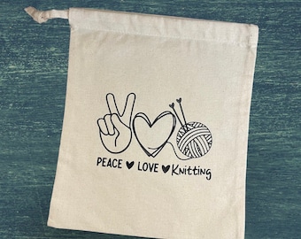 Peace Love Knitting, Cotton Drawstring Tote Bag, WIP Project Printed Bag, Gift, Knit, Knitters