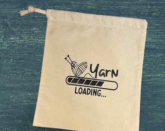 Yarn Loading, Knitting, Cotton Drawstring Tote Bag, WIP Project Printed Bag, Gift, Knit, Knitters