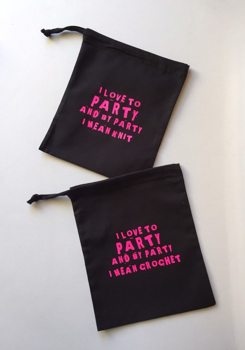 Black Pink Crocheter Gift WIP Project Bag I Love to Party and by Party I Mean Crochet Mothers Day Cotton Drawstring Tote Bag
