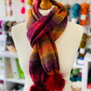 Handmade, Knit, Knitted Tube Scarf, Double Layer Scarf with Pom Poms, Women, Ladies, Girls Scarf, Gift