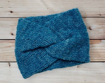 Handmade Knit, Hand Dyed Merino Boucle Knitted Twist Headband, Earwarmers, Ladies, Women, Knitwear, Gift, Winter Messie Bun Hat, Blue