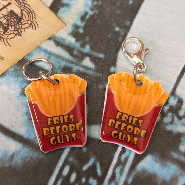 Handmade Fries Before Guys, Shrink Plastic, Knitting Crochet Stitch Marker Progress Keeper, Charm, Zipper Pull, Anti Valentines