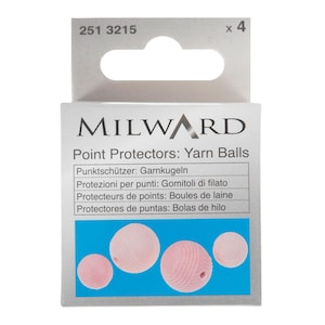 May include: A pack of four pink yarn ball point protectors, labelled "MILWARD Point Protectors: Yarn Balls". The packaging also includes the text "Punktschützer: Garnkugeln", "Protezioni per punti: Gomitoli di filato", "Protecteurs de points: Boules de laine", and "Protectores de puntas: Bolas de hilo".