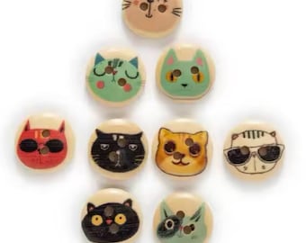 Cute Cat Wooden Buttons, 15mm Sewing Embellishments