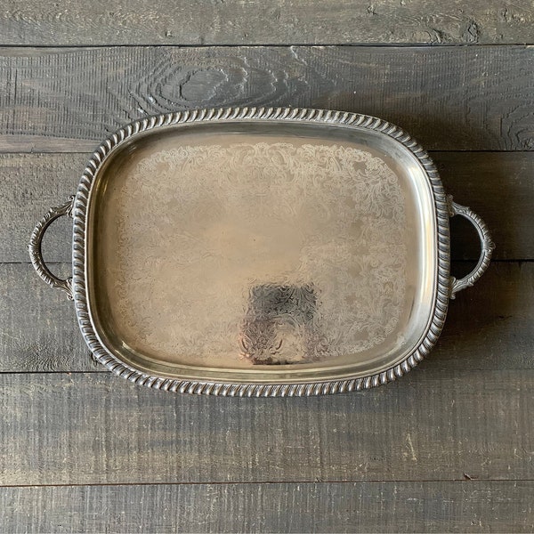 Vintage Silver Footed Tray, Rectangular Tray, Etched Engraved Patina Serving Dish, Vanity Tray, Barware, Tray