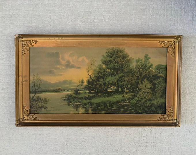 Antique Framed Art, Pastoral Landscape, Country Mountain Lake Scene, Large Rectangular Carved