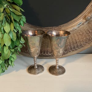 Vintage Silver Plated Pedestal Wine Goblet Set Two Silverplated Matching Pair Midcentury Hollywood Regency Paris French Wedding Gift