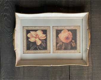 Vintage Wooden Tray with Floral Accents