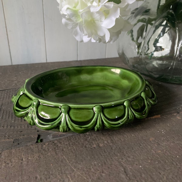 Dark Green Ceramic Dish, Mid Century Modern Catchall Bowl