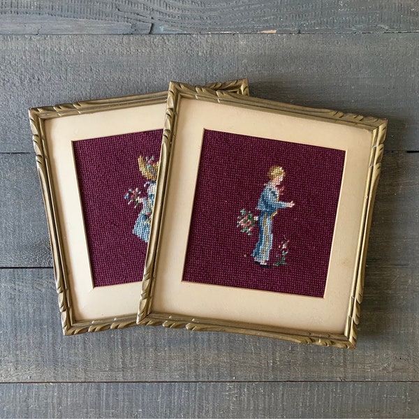 Set of Vintage Embroidery Pictures Vintage Frames Gold Frames