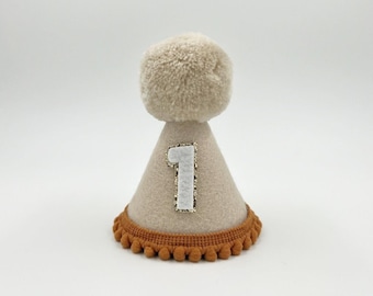 Beige and rust Birthday Party Hat | Party Hat | First Birthday Hat | Birthday Hat | Pom Pom Hat