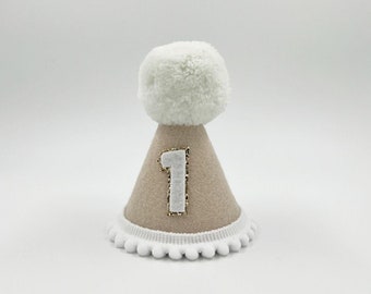 Beige and white Birthday Party Hat | Party Hat | First Birthday Hat | Birthday Hat | Pom Pom Hat