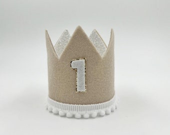 Beige and white felt and gold glitter Crown | Birthday Crown |  Child Headband | Crown Headband | First Birthday Crown | Cake Smash Crown