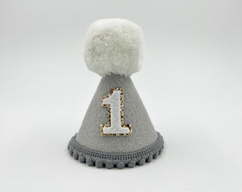 Light grey Birthday Party Hat | Party Hat | First Birthday Hat | Birthday Hat | Pom Pom Hat