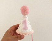 Pink and White Birthday Party Hat Party Hat First Birthday Hat Birthday Hat Pom Pom Hat