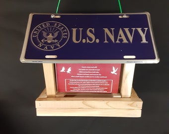 Navy license plate bird feeder