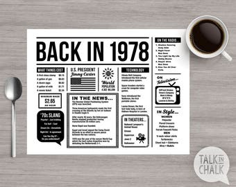 Back In 1978 PRINTABLE Placemat - 40th Birthday Decoration - 40th Birthday Table Decoration - DIY printing - DIGITAL file