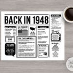 Back In 1948 Printable Placemat 70th Birthday Decoration Etsy