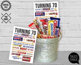 Turning 70 PRINTABLE Birthday Candy Gram Card | PRINTABLE 70th Birthday Card | Easy to Print at Home | Bucket of Candy NOT included