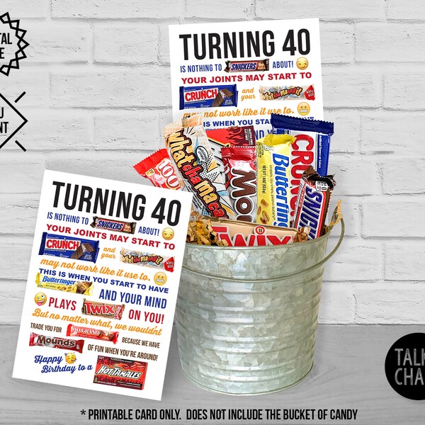 Turning 40 PRINTABLE Birthday Candy Gram Card | PRINTABLE 40th Birthday Card | Easy to Print at Home | Bucket of Candy NOT included