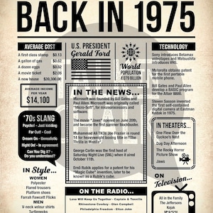 Back in 1975 Newspaper Poster PRINTABLE 50th Birthday or Anniversary ...