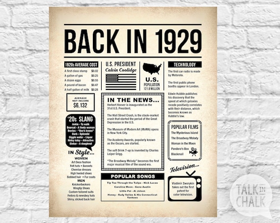 Back In 1929 PRINTABLE Newspaper Poster 1929 DIGITAL | Etsy