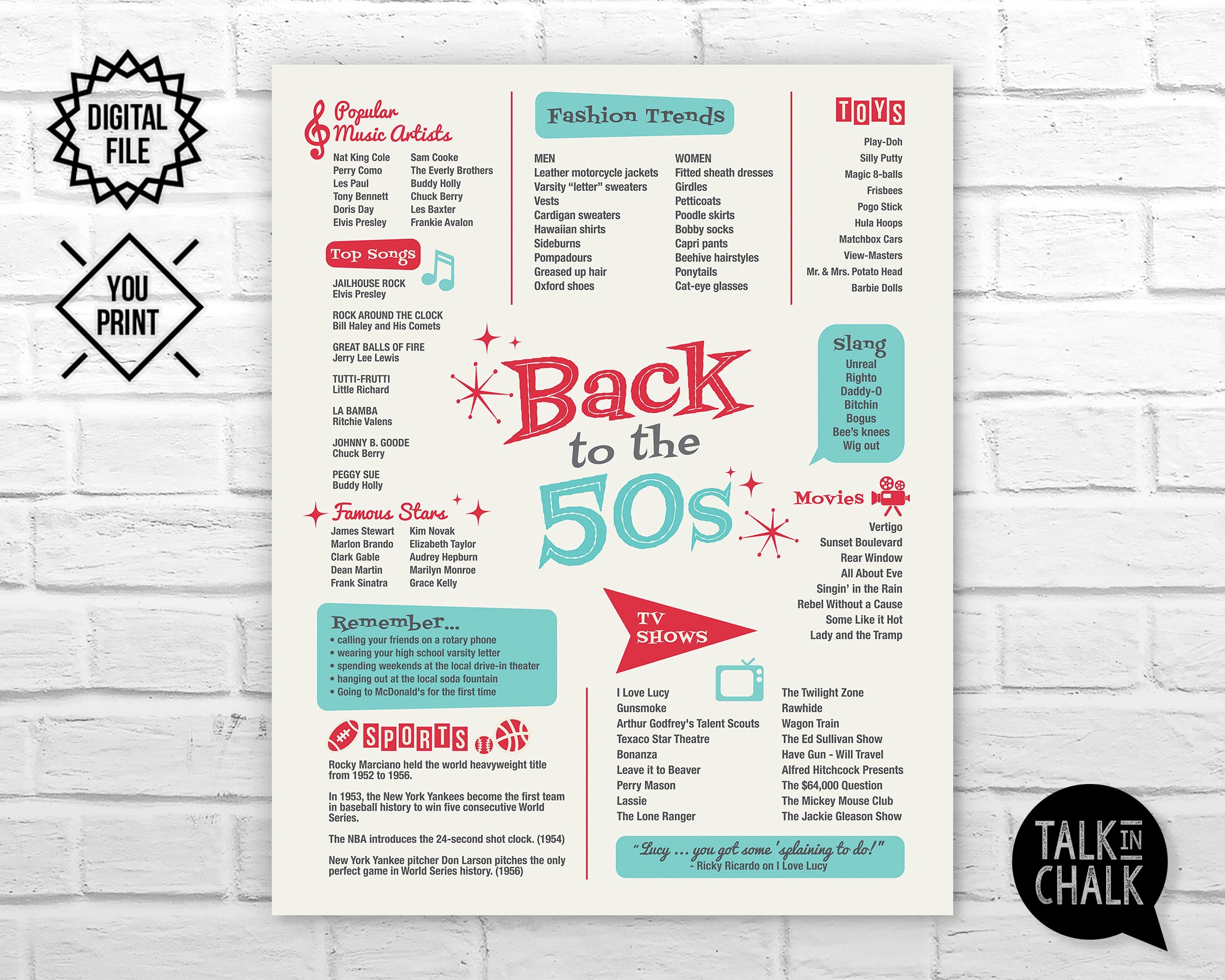 Back to the 50s PRINTABLE Poster 50s Party Decorations | Etsy