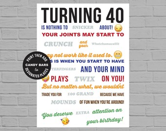 40th Birthday PRINTABLE Candy Poster Birthday Candy Sign 40th Birthday ...