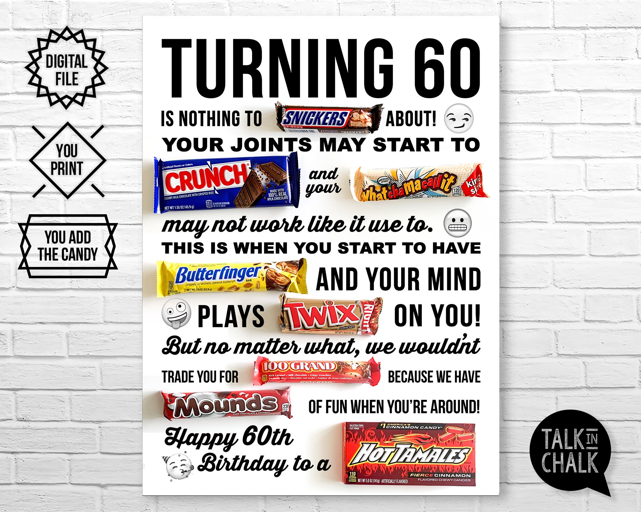60th Birthday PRINTABLE Candy Poster Birthday Candy Sign Etsy Israel