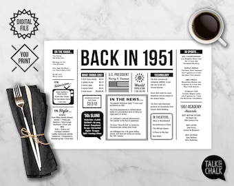 Back In 1951 PRINTABLE Placemat | PRINTABLE Party Decorations for 1951 Birthday | Gift for Grandma or Grandpa | DIY Printing