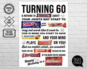 60th Birthday PRINTABLE Candy Poster | Birthday Candy Sign | 60th Birthday Ideas | Candygram | Funny Birthday Gift | DIY Printing