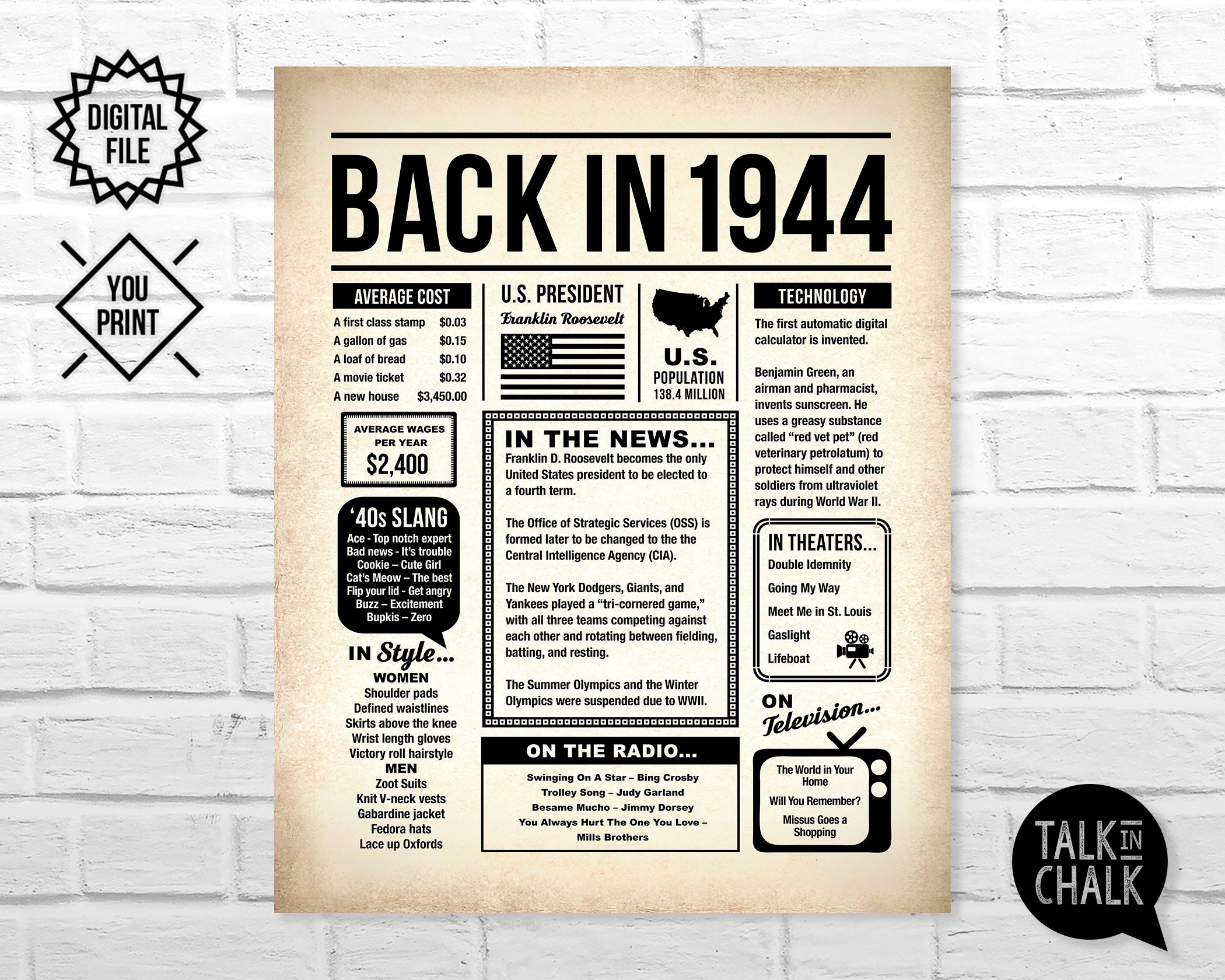 Back in 1944 Newspaper Poster PRINTABLE 1944 PRINTABLE Etsy Canada Back in 1944 Newspaper Poster PRINTABLE 1944 PRINTABLE Etsy Canada