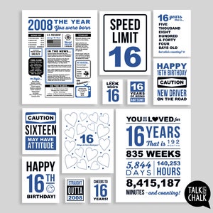 16th Birthday Blue Sign Bundle Last Minute PRINTABLE Birthday Posters, Sign Pack 16th Party Decorations for Boy or Girl Born in 2008 image 1