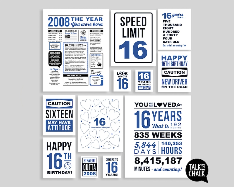 16th Birthday Blue Sign Bundle Last Minute PRINTABLE Birthday Posters, Sign Pack 16th Party Decorations for Boy or Girl Born in 2008 image 1