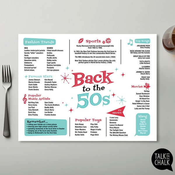 Back to the 50s PRINTABLE Placemat | Decades Party | 50s Party Decorations | Table Setting Setting | Birthday Party Ideas | Easy to Print