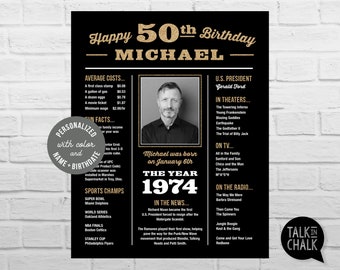 Poster STAMPABILE personalizzato per il 50° compleanno / Revisione dell'anno 1974 / Regalo di compleanno personalizzato per lui / Decorazioni per la festa del 50° compleanno
