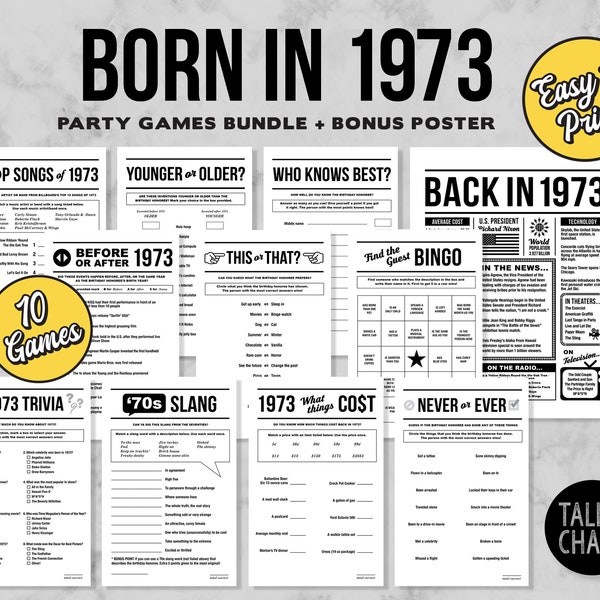 Born In 1973 PRINTABLE Party Games Bundle | 50th Birthday Activities | Birthday Trivia Games for Him or Her | Back in 1973 Poster, DIY Print