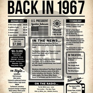 Back in 1967 Newspaper Poster PRINTABLE 1967 PRINTABLE Birthday Sign ...