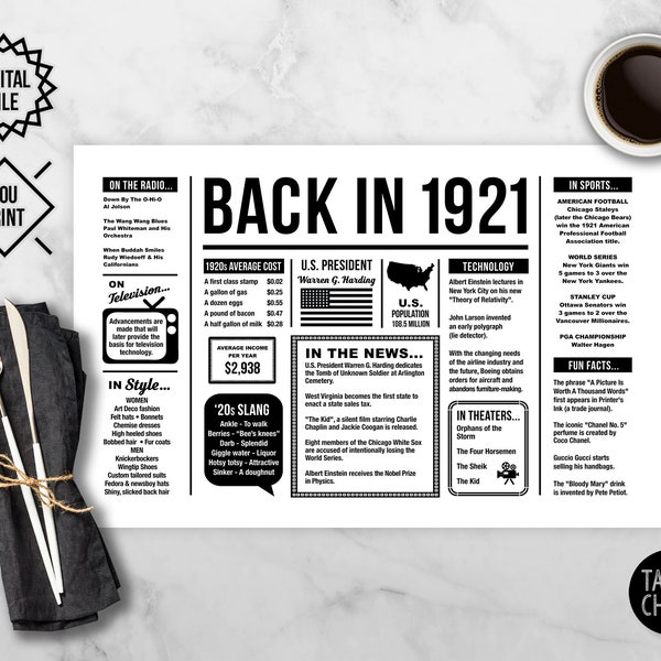 Back In 1921 PRINTABLE Placemat | Born in 1921 | PRINTABLE Party Decorations | Back in 1921 Place Setting | Instant download | DIY Printing