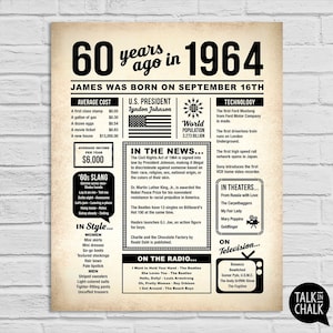 Personalized 60th Birthday PRINTABLE Newspaper Poster | 60 years Ago Back in 1964 Birthday Sign | 60th Birthday Gift | Party Decorations