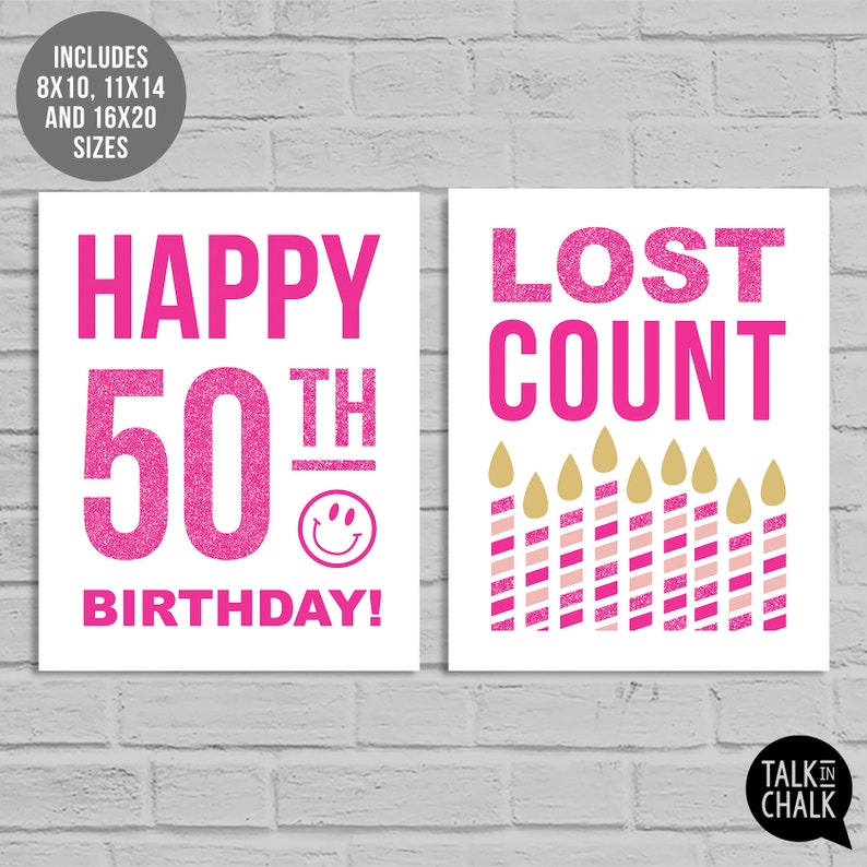 Divertente pacchetto di cartelli per il cinquantesimo compleanno / DOWNLOAD IMMEDIATO / Poster STAMPABILI / Decorazioni per feste del cinquantesimo dell'ultimo minuto / Decorazioni per feste di compleanno rosa acceso immagine 5