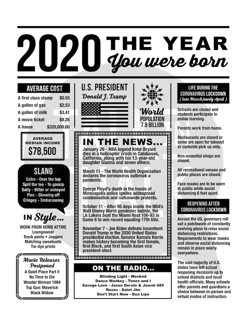 2020 The Year You Were Born PRINTABLE 2020 Time Capsule PRINTABLE Keepsake Gift for New Baby Time Capsule Ideas Last Minute Gift image 2