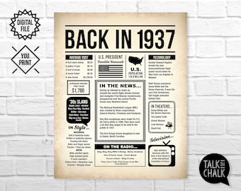 Back In 1937 PRINTABLE Newspaper Poster | 1937 DIGITAL Birthday Sign | Year You Were Born | Birthday Party Decorations | Gift Ideas