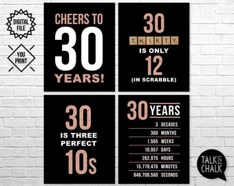 Rose Gold 30th Birthday PRINTABLE Signs | 30th Birthday PRINTABLE Posters | 30th Birthday Party Decorations | DIY Printing