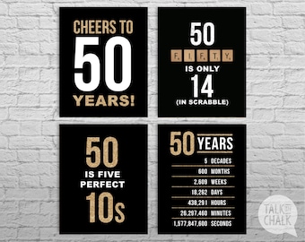 50th Birthday Black and Gold Glitter PRINTABLE Sign Pack, 50th Birthday DIGITAL Posters, 50th Birthday Decoration, Instant Download